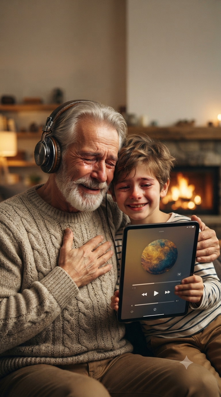 Avô emocionado ouvindo música personalizada ao lado do neto