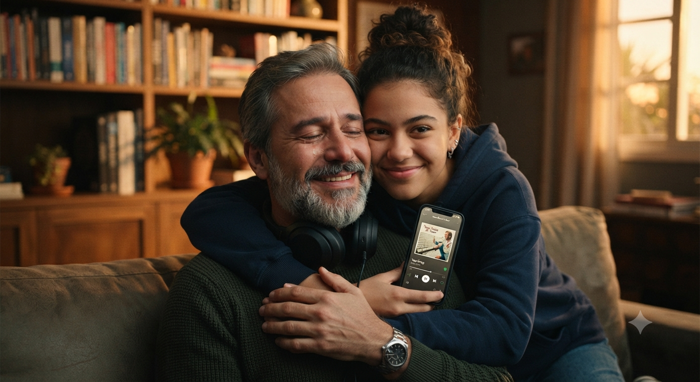 Pai abraçado pela filha ouvindo uma música personalizada no celular